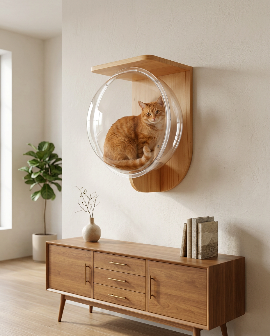 Ginger cat sitting inside a solid wood wall-mounted cat capsule perch above a wooden sideboard
