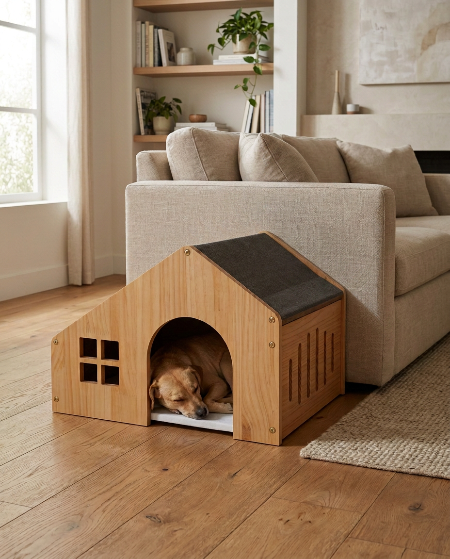 Tan dog resting inside a solid wood Dalico Pets dog house beside a sofa