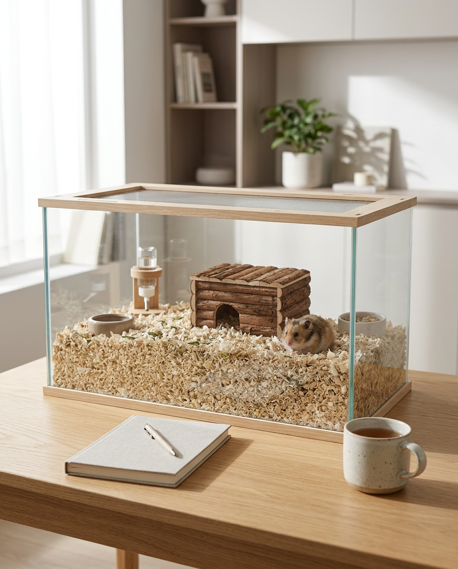 Hamster exploring a solid wood platform with a ladder and hideout on a desk