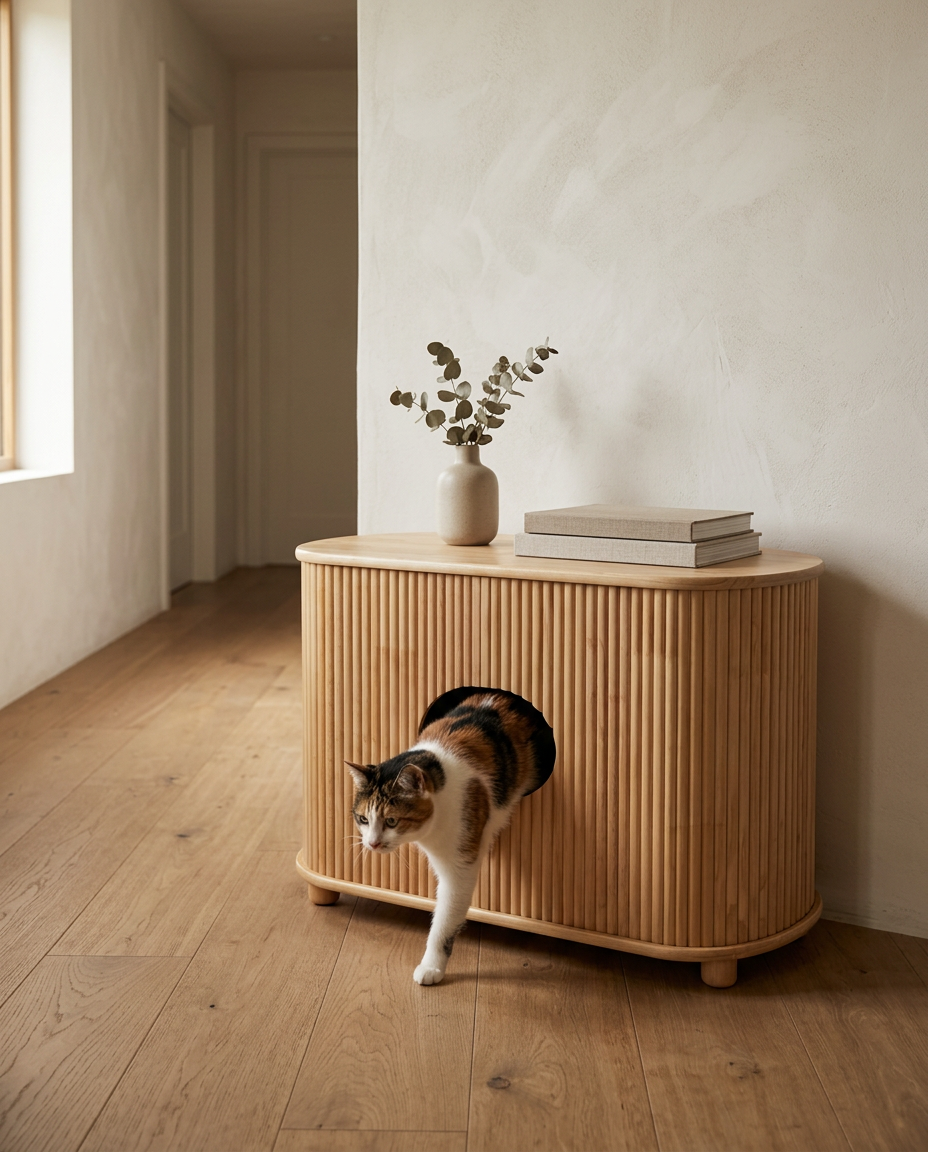Calico cat stepping out of a solid wood ribbed oval litter cabinet in a hallway, vase and books on top — Dalico Pets DP-003