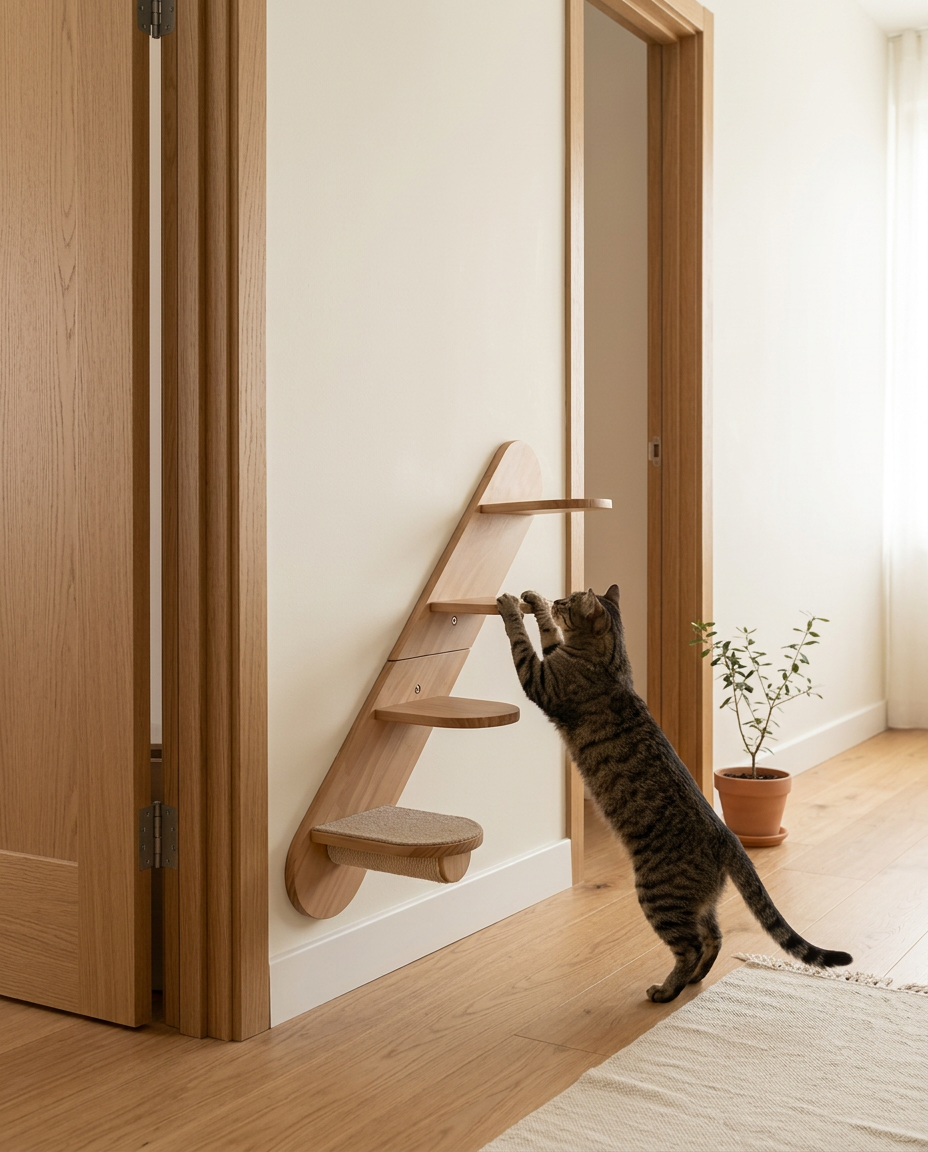 Two cats using a solid wood scratching post and sisal ramp beside a dining table