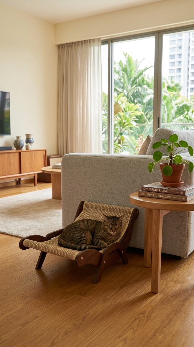 Tabby cat resting on a solid wood Dalico Pets cat bed sofa placed beside a living room couch