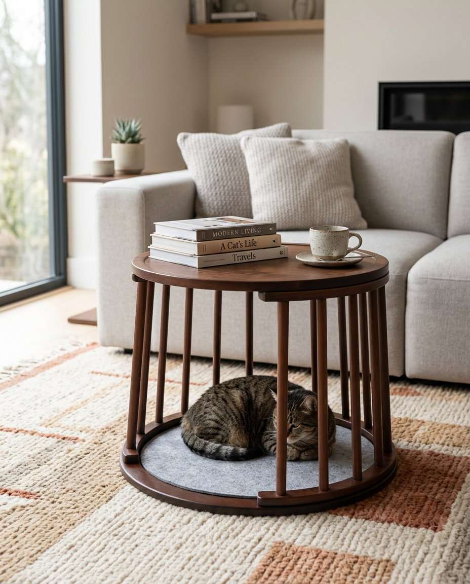 Tabby cat resting inside a solid wood Dalico Pets cat enclosure coffee table with books and a coffee cup on top